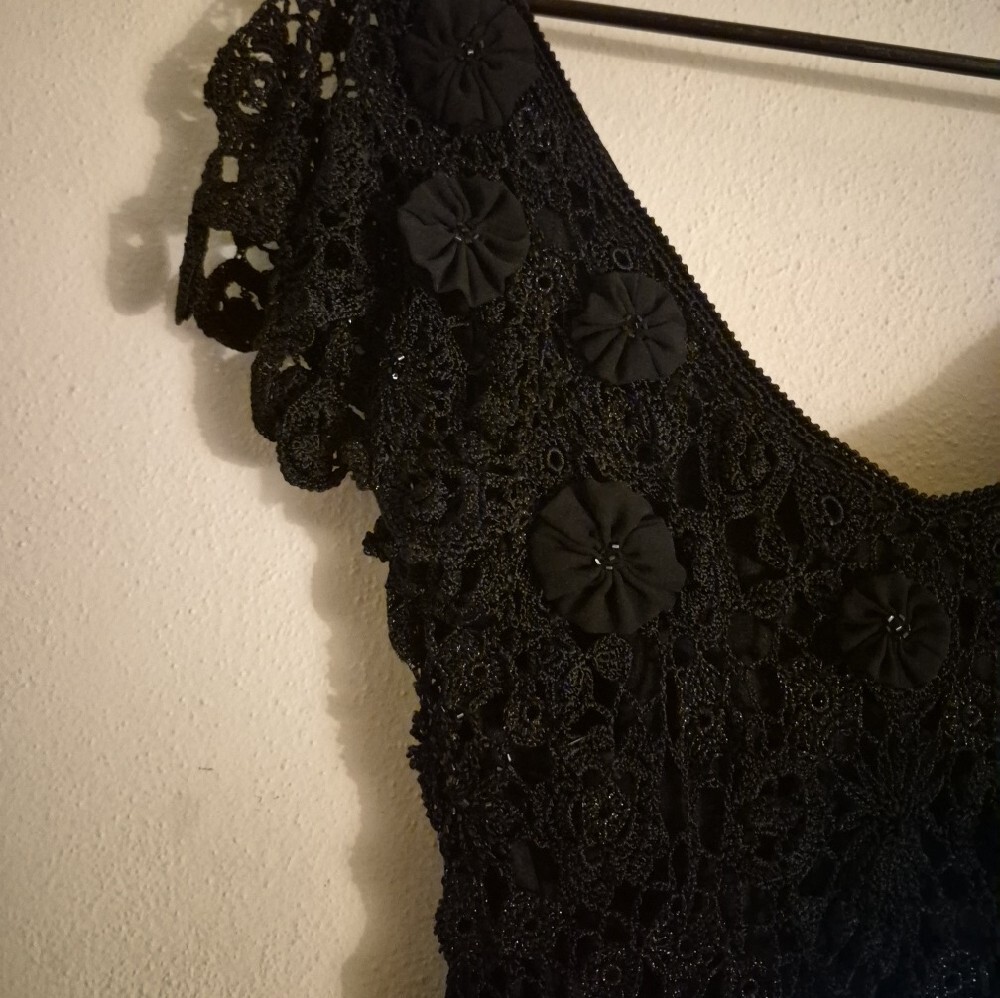Vintage Black Crochet Lace V-Neck Asymetrical Women’s Dress - Picture 3 of 16
